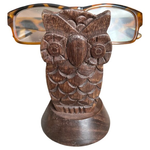 Handcarved Wooden Owl Eye Glasses Holder Stand Detailed 4.75" tall x 3" wide - Picture 3 of 11